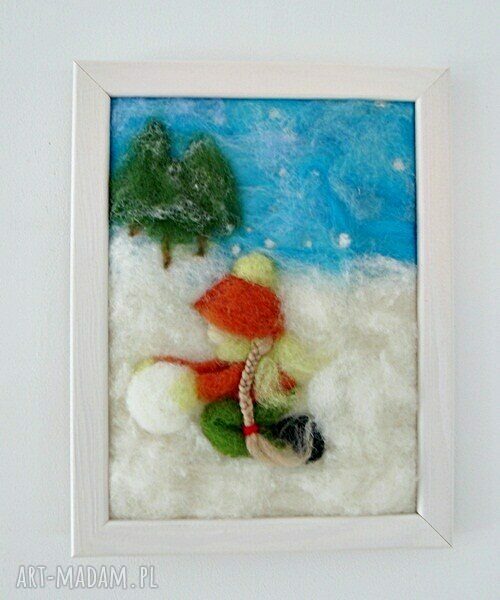 pokoik dziecka: Dziewczynka lepiąca bałwana. Obraz z kolekcji Winter. Handmade