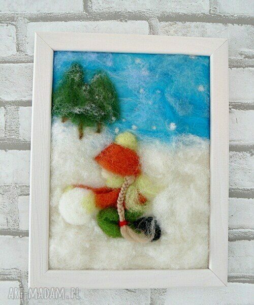 pokoik dziecka: Dziewczynka lepiąca bałwana. Obraz z kolekcji Winter. Handmade