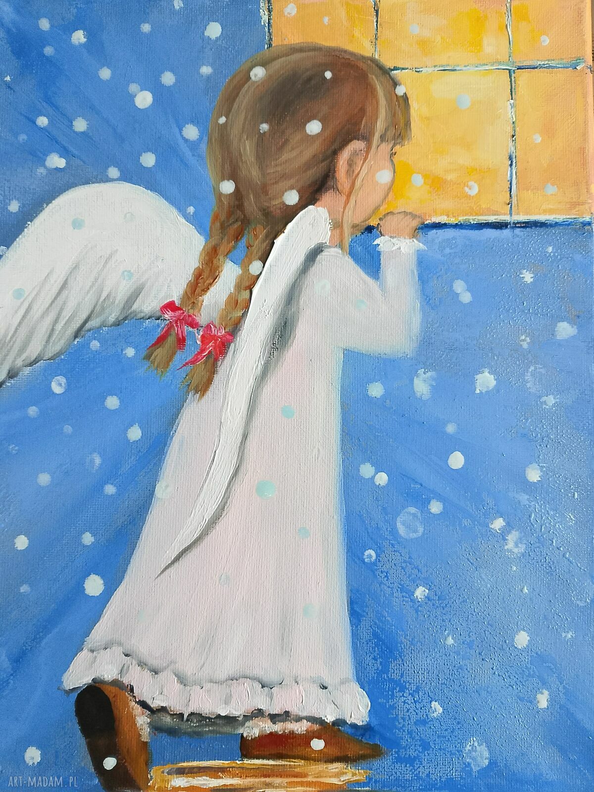 Aniołek Dziewczynka - ręcznie malowany obraz olejny 24x30 cm