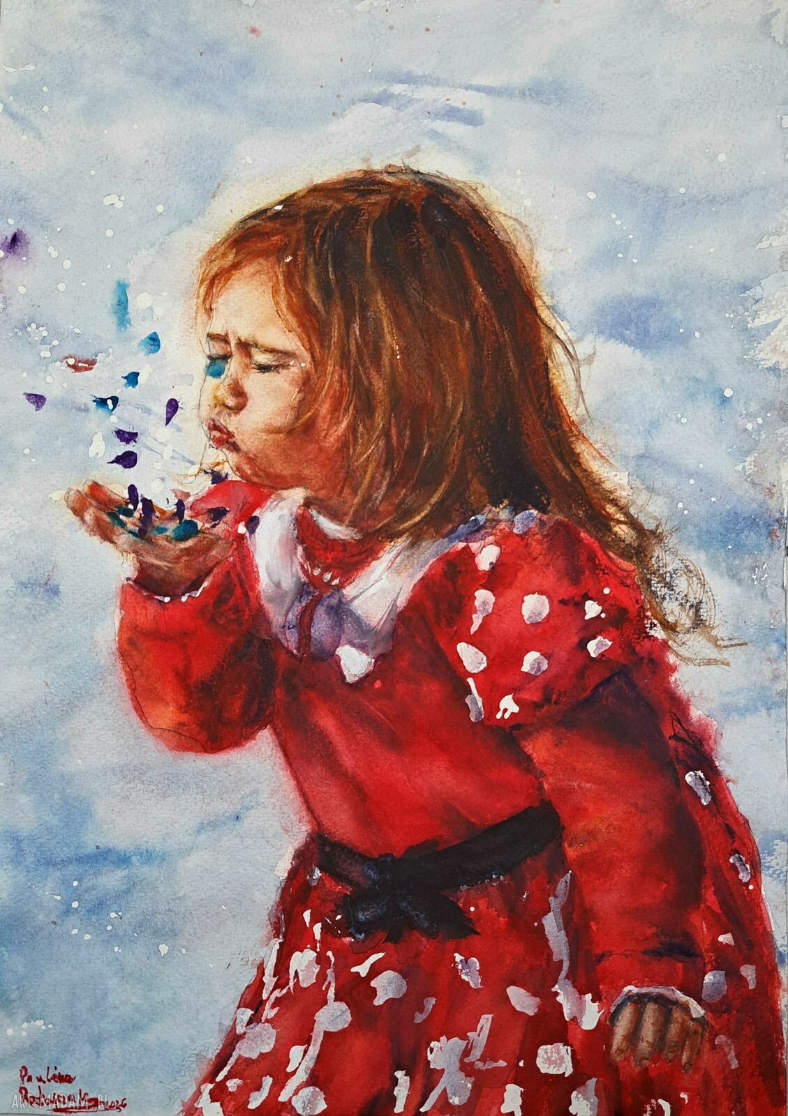 Dziewczynka w czerwonej sukience - oryginalny obraz akwarelowy 42 x 29,7 cm