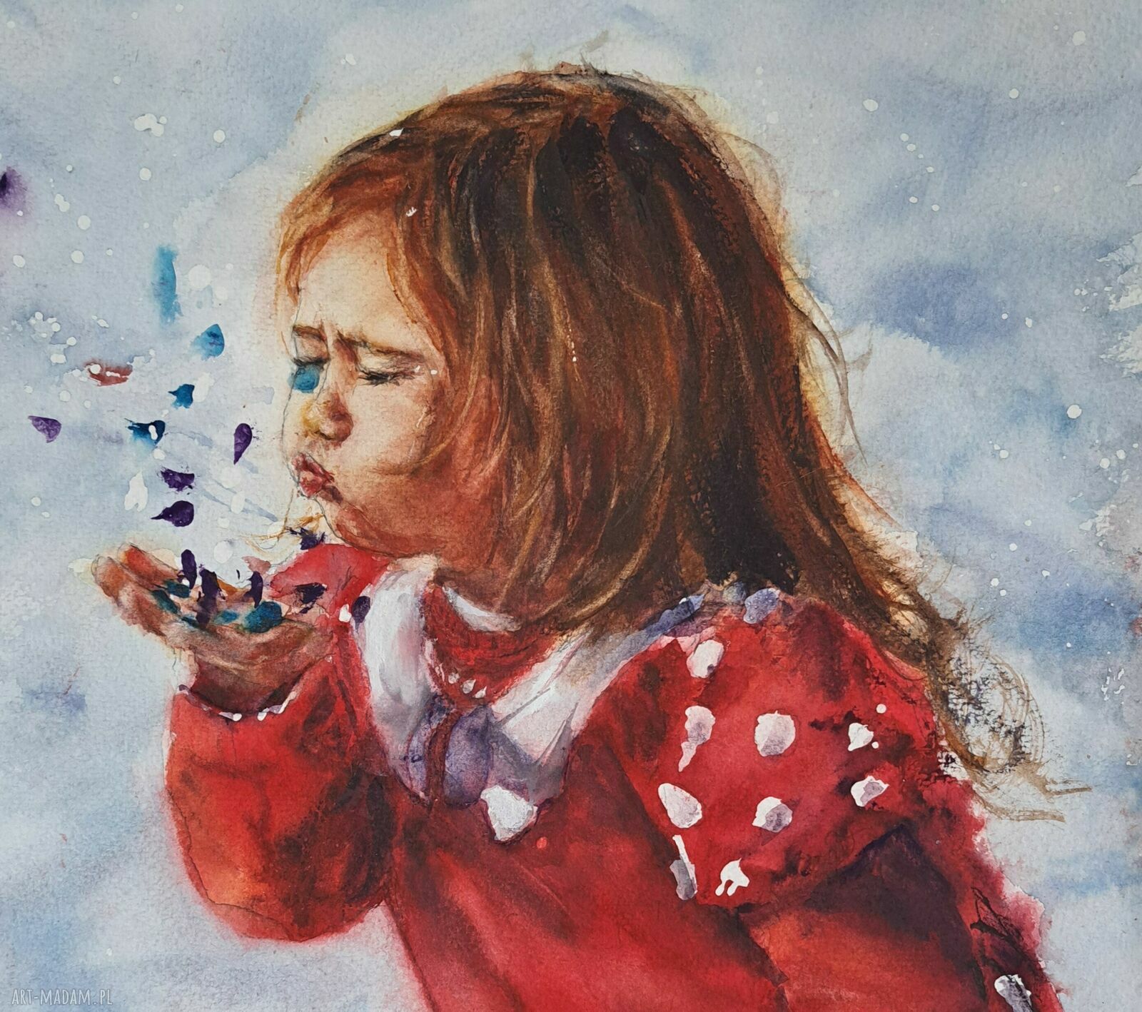 Dziewczynka w czerwonej sukience - oryginalny obraz akwarelowy 42 x 29,7 cm