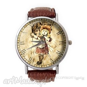 dziewczynka z lalką - skórzany zegarek z dużą