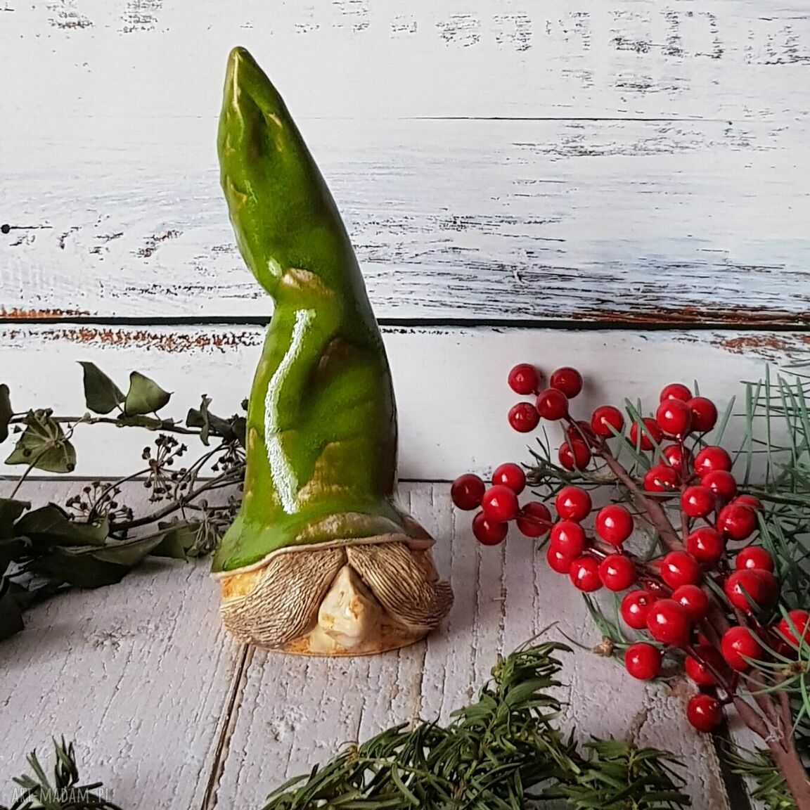 Skrzat Dziwak z ceramiki handmade - zielony i beżowy, 22 cm