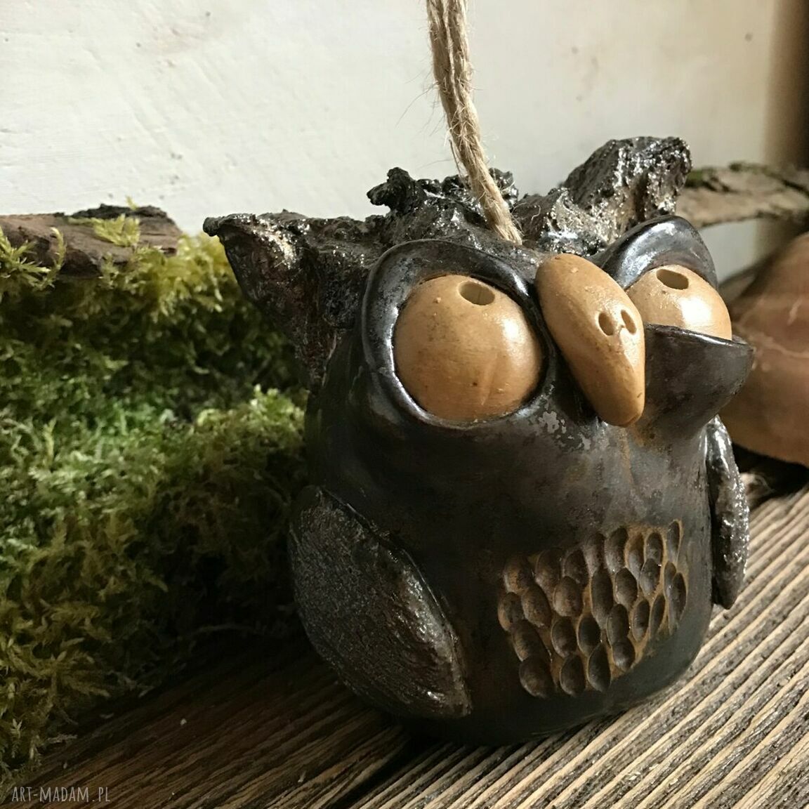Ceramiczny dzwoneczek - sowa, ręcznie lepiona