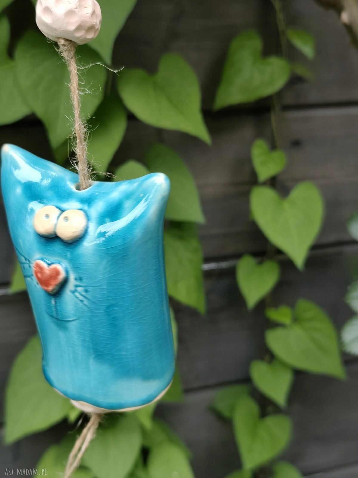 Ręcznie robiony dzwonek ceramiczny kot - ozdoba na balkon i do ogrodu