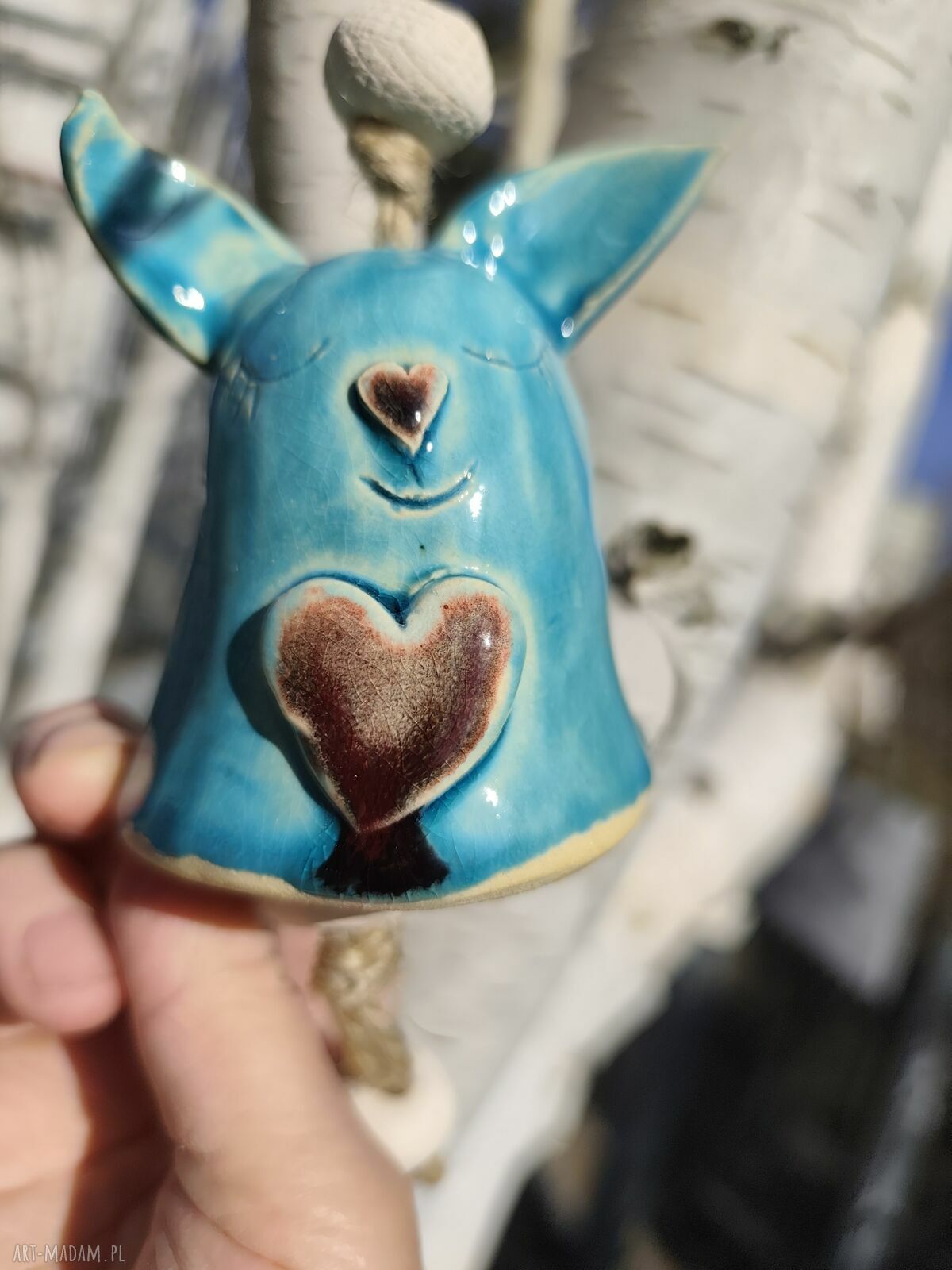 Dzwonek ceramiczny zając - turkusowa ceramika na balkon i do ogrodu