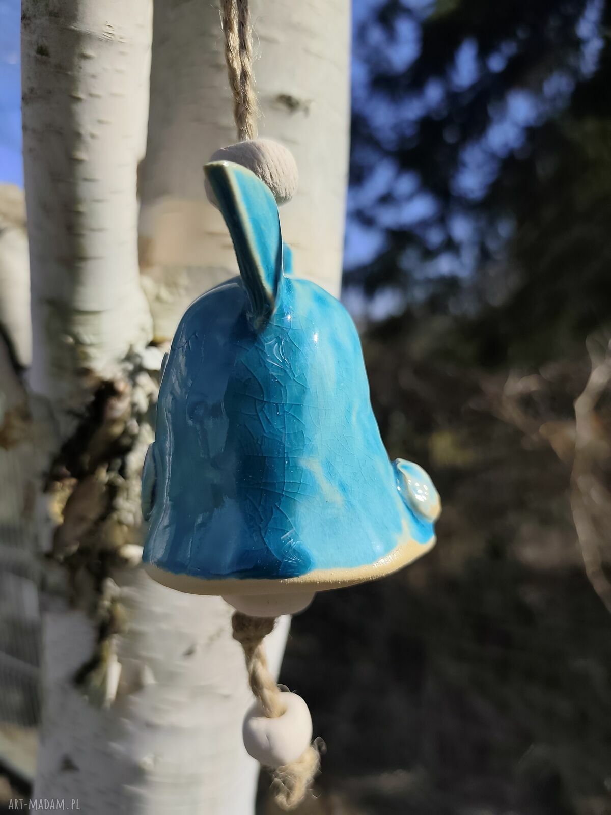 Dzwonek ceramiczny zając - turkusowa ceramika na balkon i do ogrodu