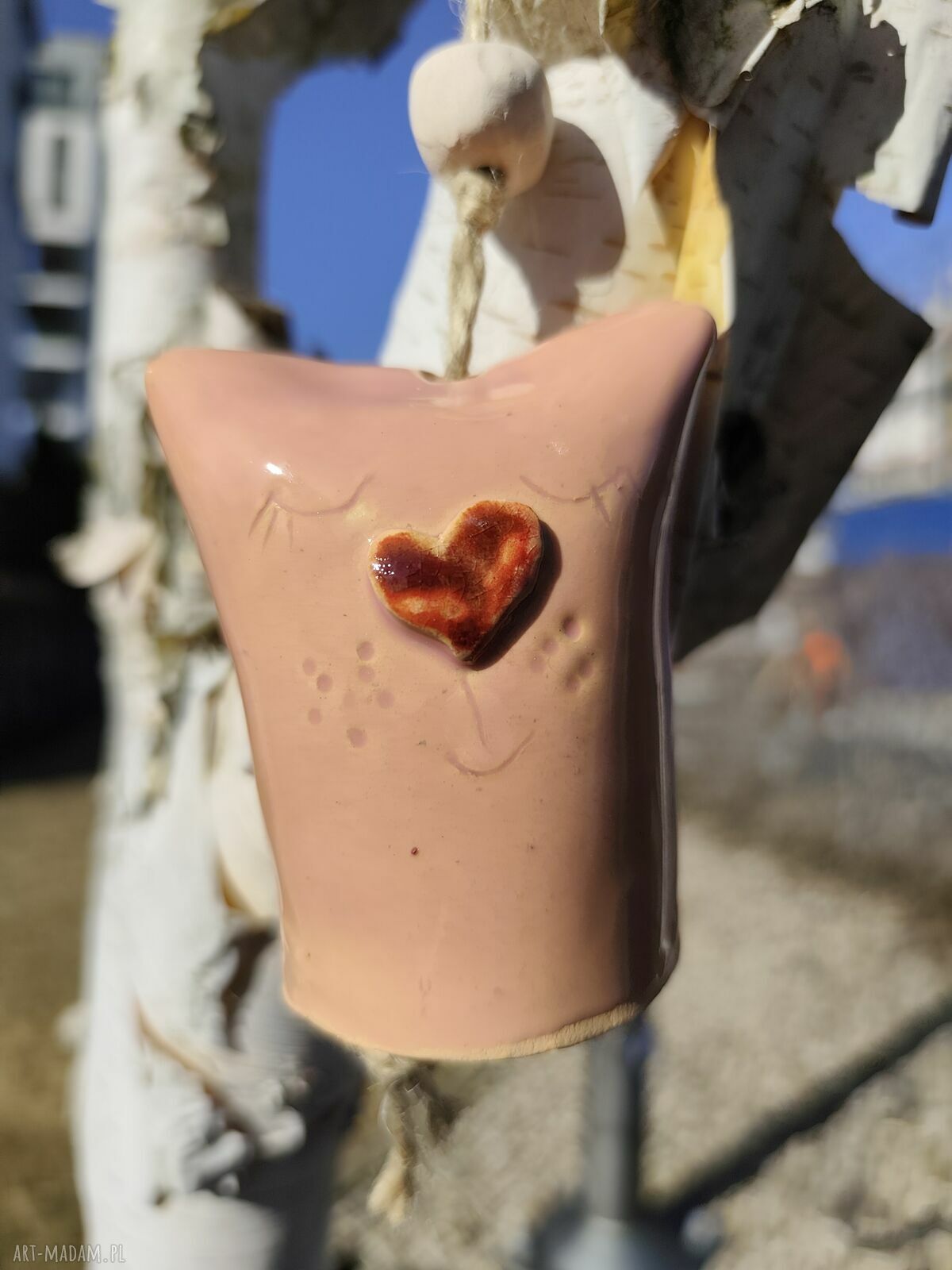 Dzwonek ceramiczny w kształcie kota - handmade do ogrodu i na balkon