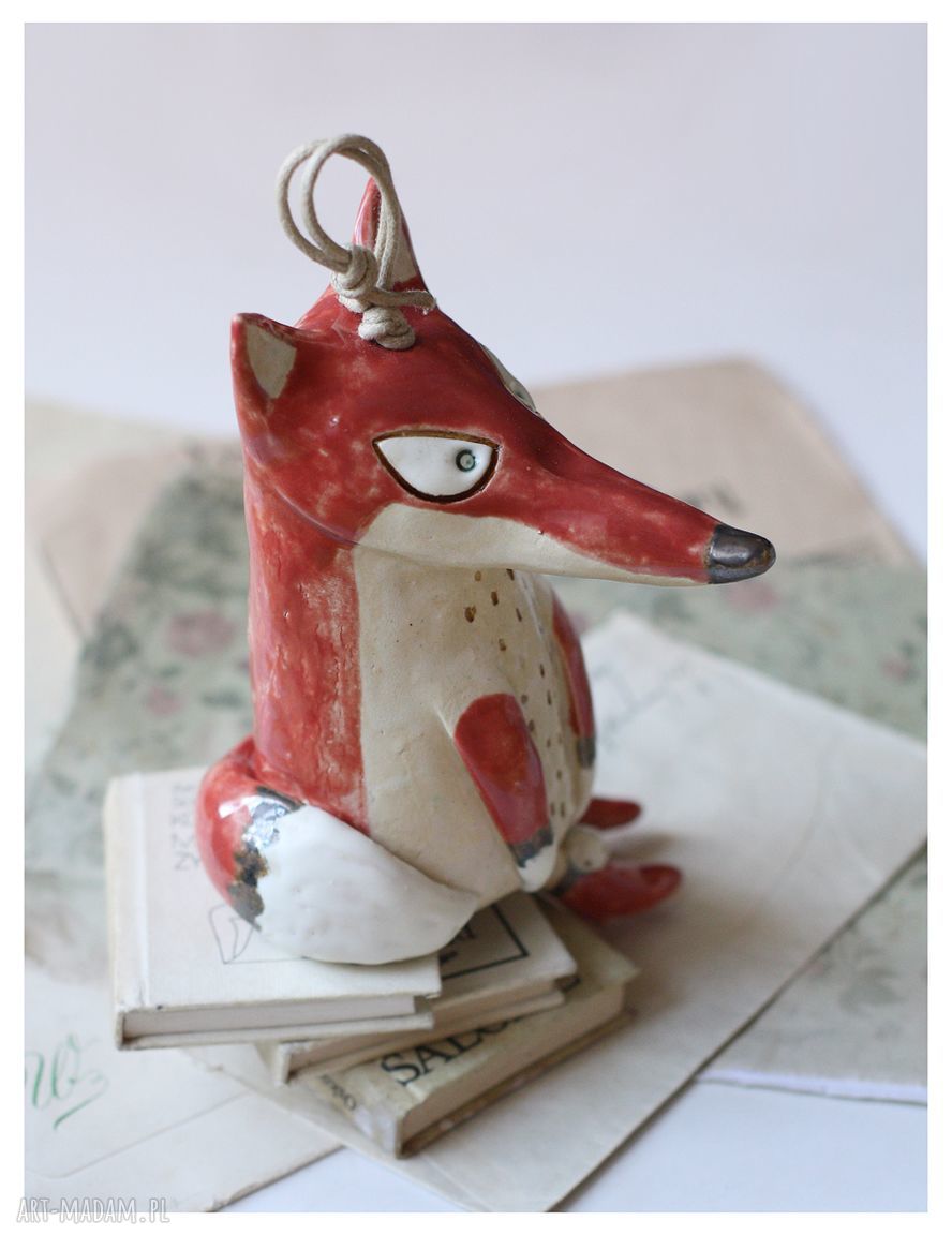 Dzwonek lisek - ceramiczna dekoracja handmade z gliny szamotowej
