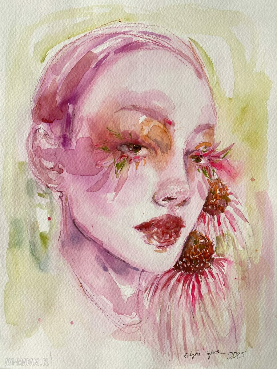 Echinacea - akwarela na papierze, portret kobiety