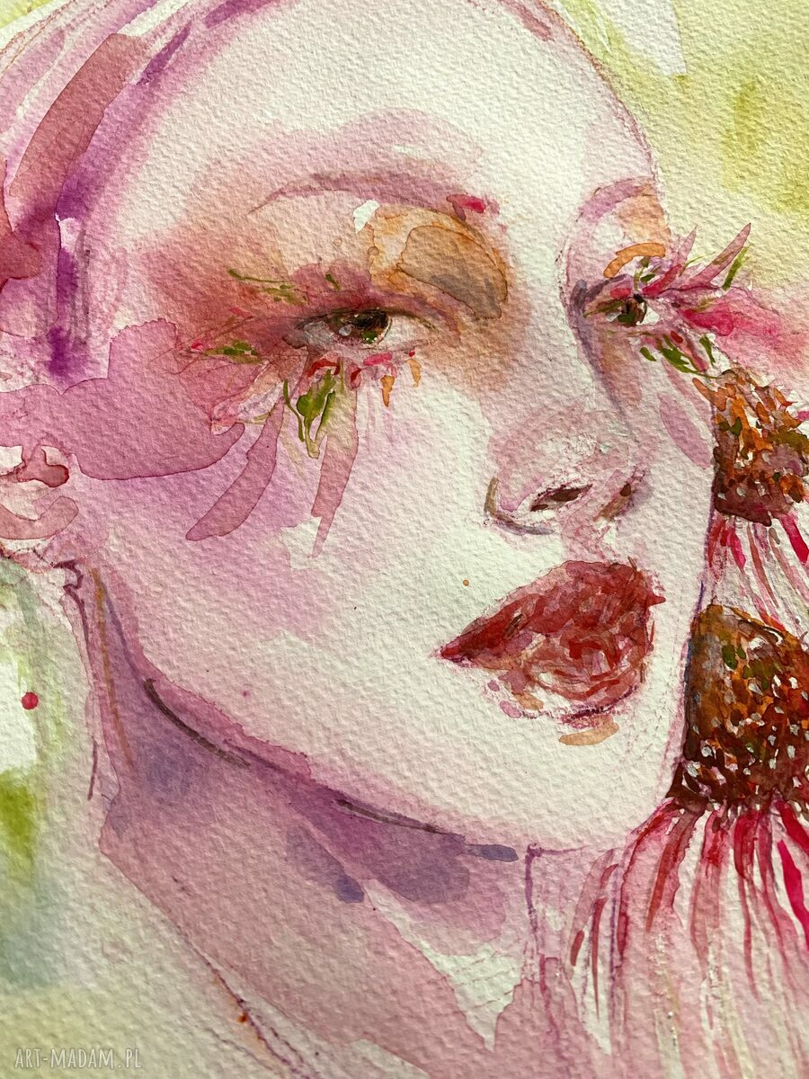 Echinacea - akwarela na papierze, portret kobiety