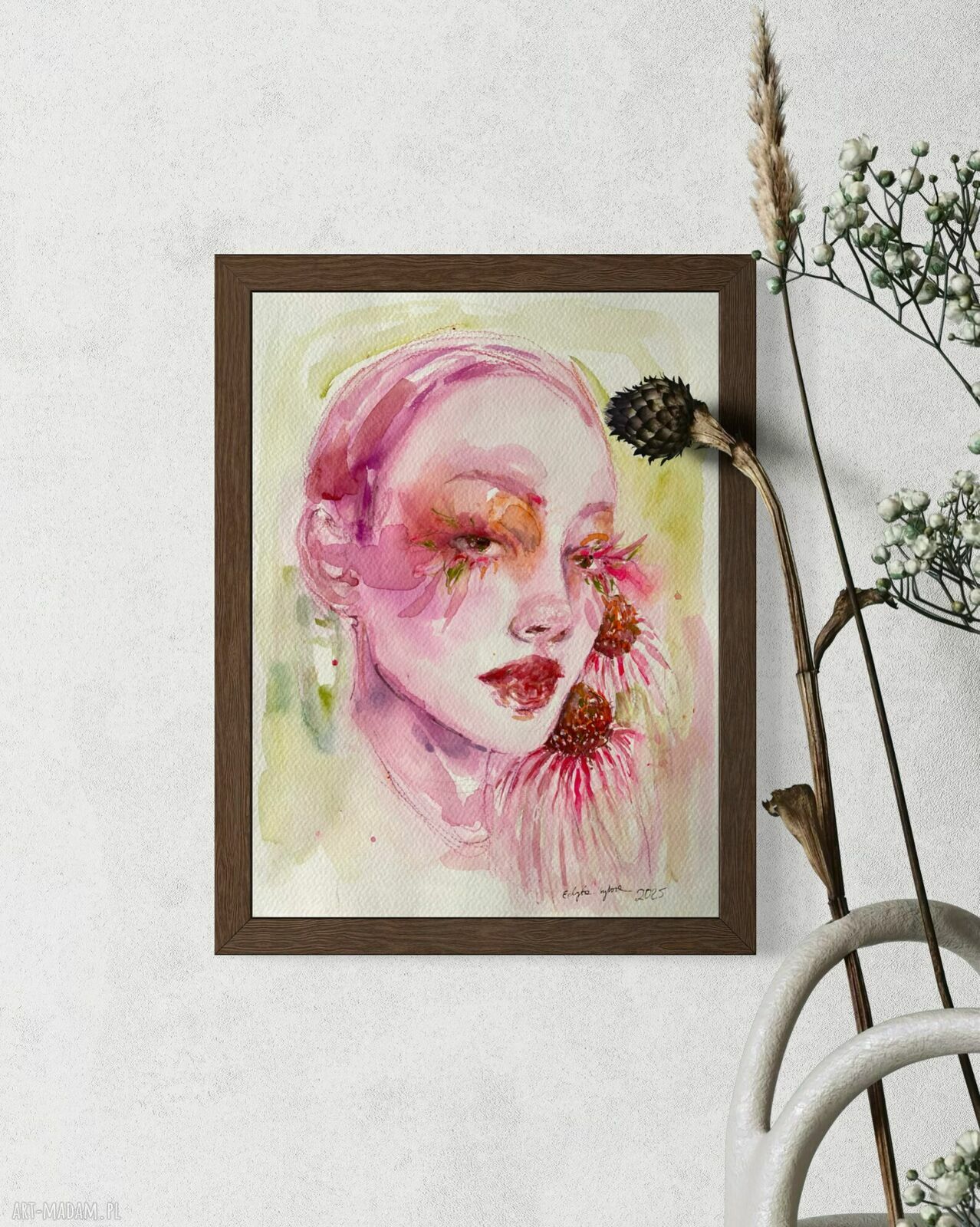 Echinacea - akwarela na papierze, portret kobiety
