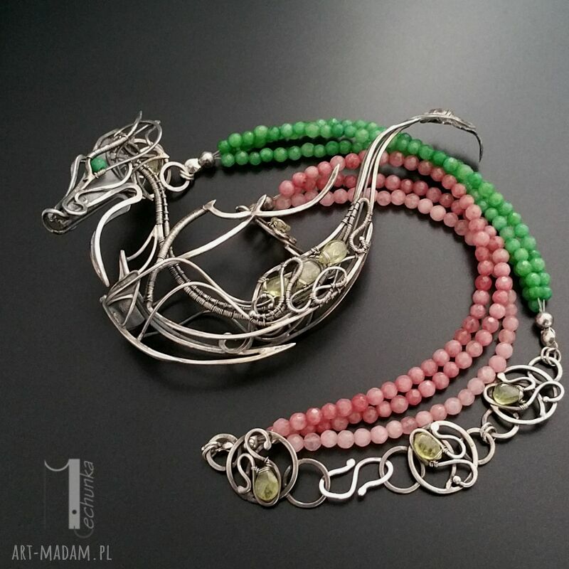 Otohime - srebrny naszyjnik wire wrapping z granatami w orientalnym stylu