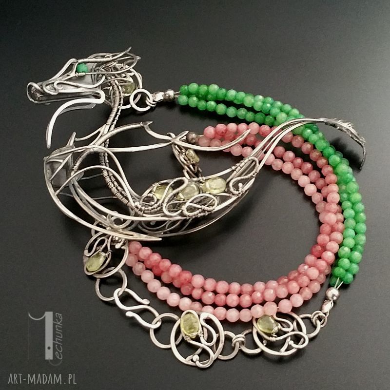 Otohime srebrny naszyjnik wire wrapping z granatami w orientalnym stylu