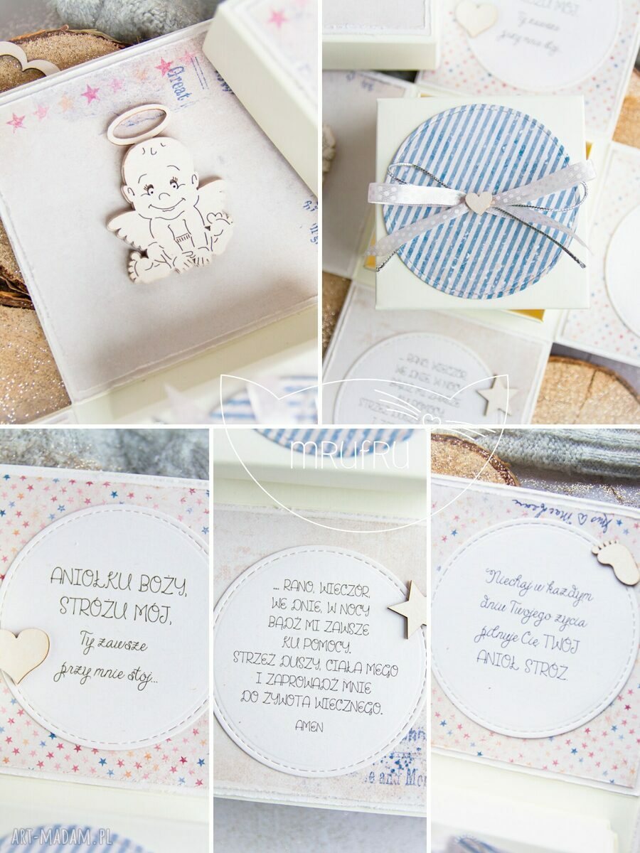 kartki: Eksplodujące pudełeczko ANIOŁEK STRÓŻ. Narodziny, Chrzest, Roczek. Ręcznie