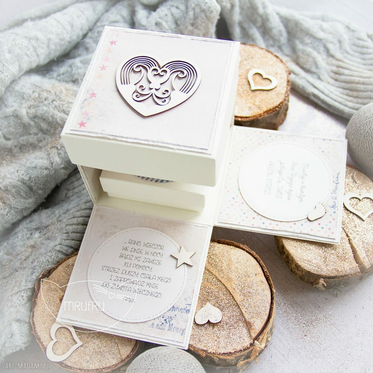 kartki: Eksplodujące pudełeczko ANIOŁEK STRÓŻ. Narodziny, Chrzest, Roczek. Ręcznie