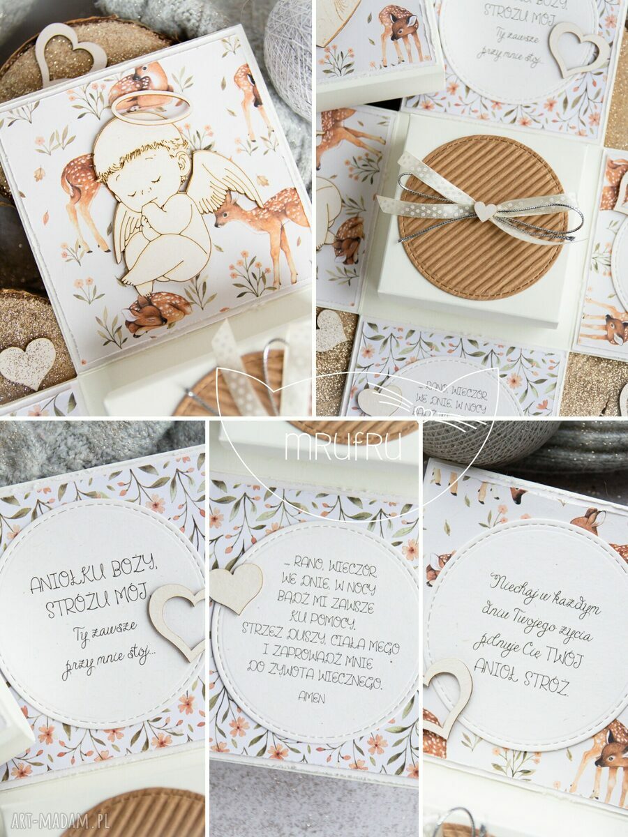 scrapbooking kartki: Eksplodujące pudełeczko ANIOŁEK STRÓŻ w otoczeniu leśnych przyjaciół