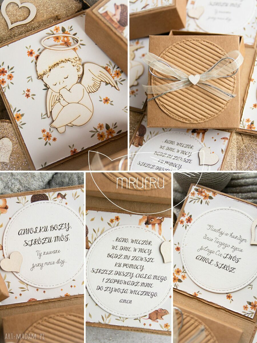 scrapbooking kartki: Eksplodujące pudełeczko ANIOŁEK STRÓŻ w otoczeniu leśnych przyjaciół