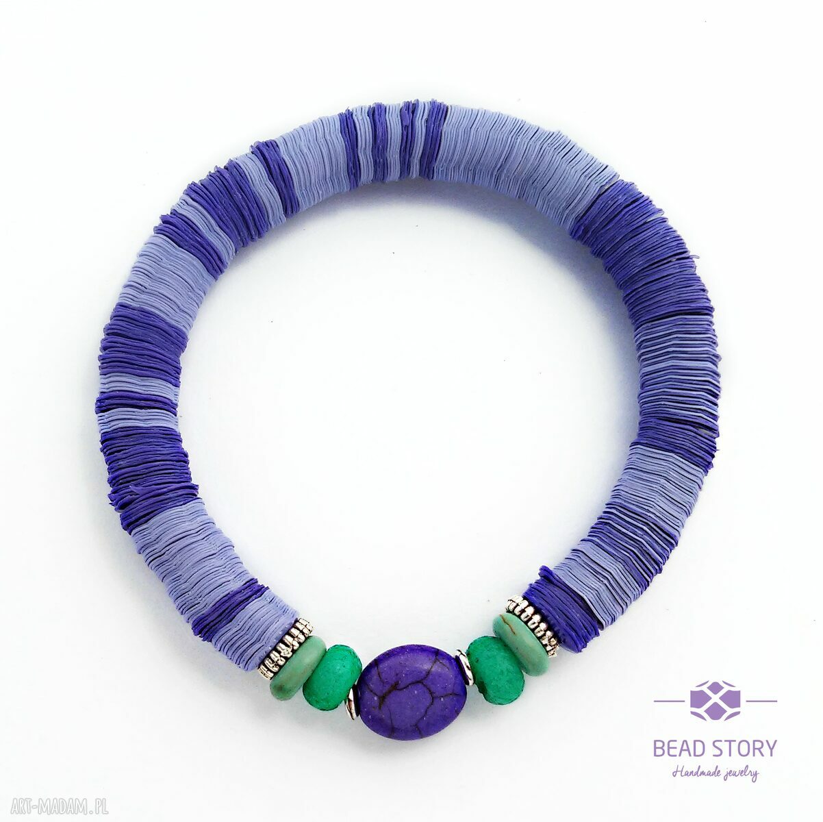Elastyczna bransoletka jasno i ciemno fioletowa z turkusowym - handmade