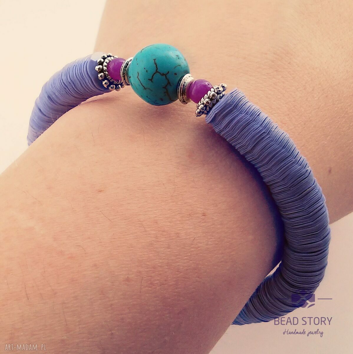 Elastyczna bransoletka jasno fioletowa z turkusem - handmade