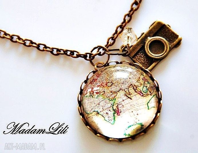 Naszyjnik brązu obieżyświat orginalny mapa vintage aparat brąz