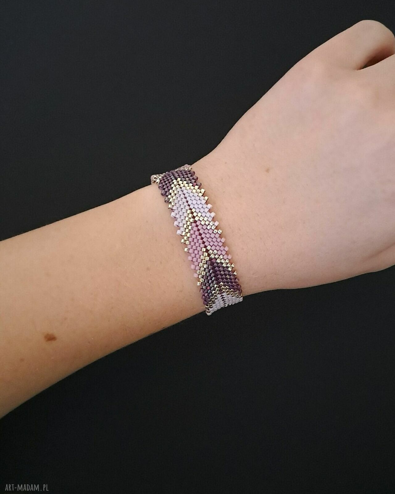 Elegancka Fioletowo Srebrna Bransoletka "Violet Silver Chevron" z Koralików Miyuki Delica