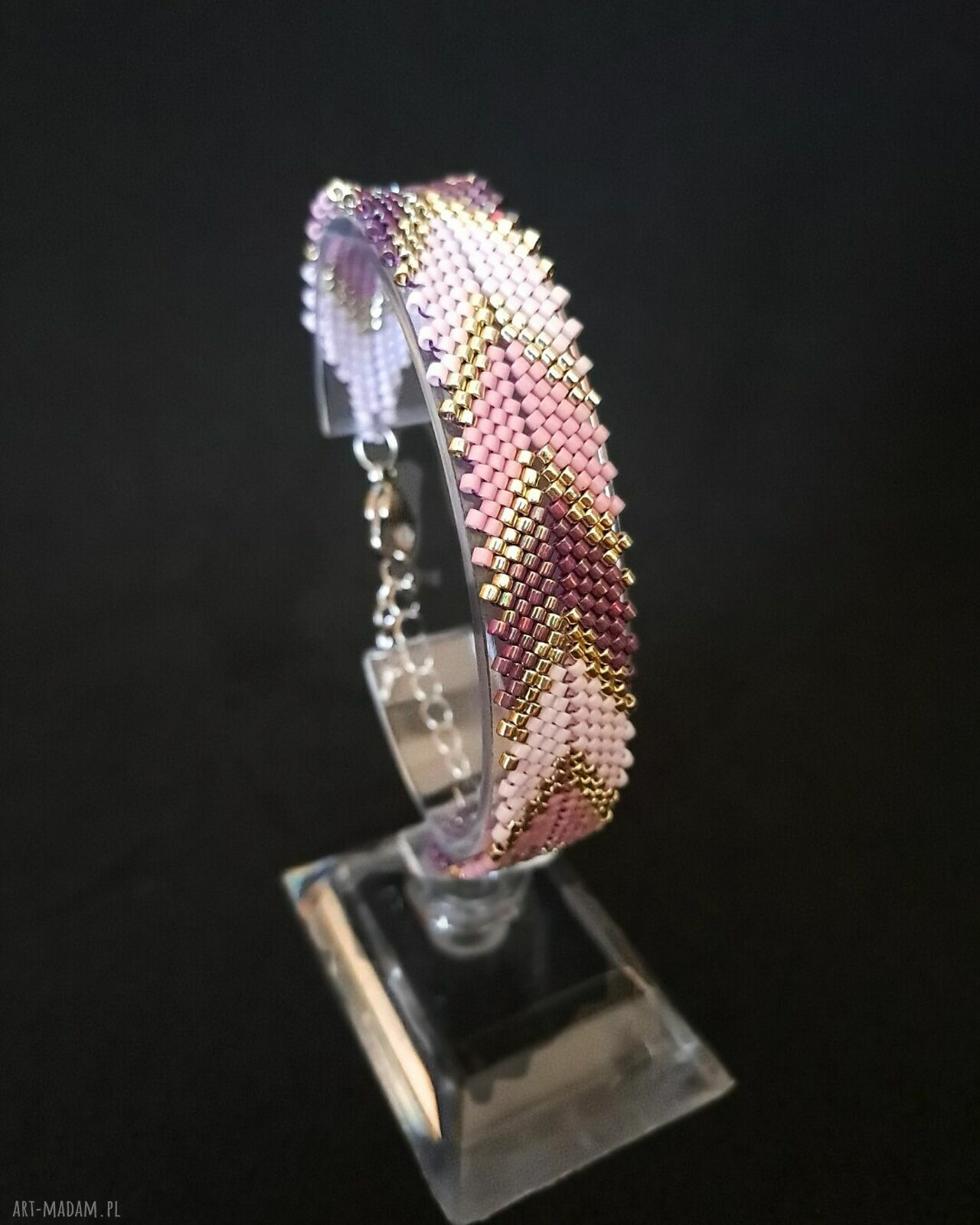 Elegancka Fioletowo Srebrna Bransoletka "Violet Silver Chevron" z Koralików Miyuki Delica