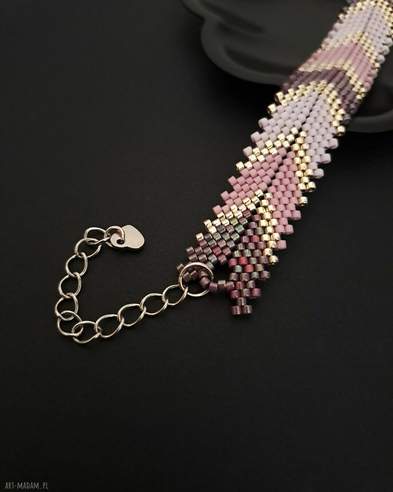 Elegancka Fioletowo Srebrna Bransoletka "Violet Silver Chevron" z Koralików Miyuki Delica