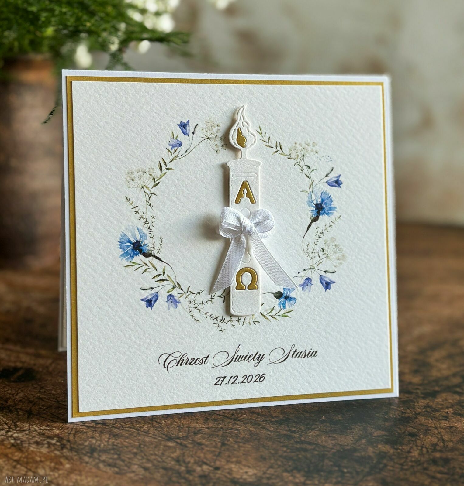 Elegancka kartka na Chrzest Święty z ozdobną kopertą - personalizowana