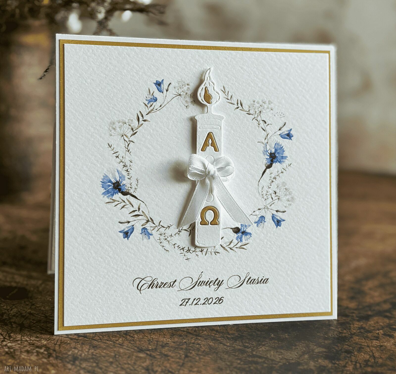 Elegancka kartka na Chrzest Święty z ozdobną kopertą - personalizowana