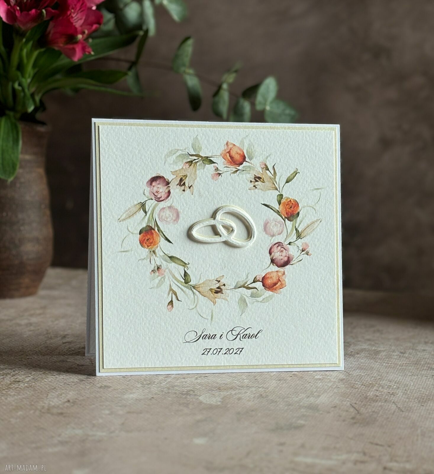 Elegancka kartka ślubna WE 21a 14x14 z ozdobną kopertą
