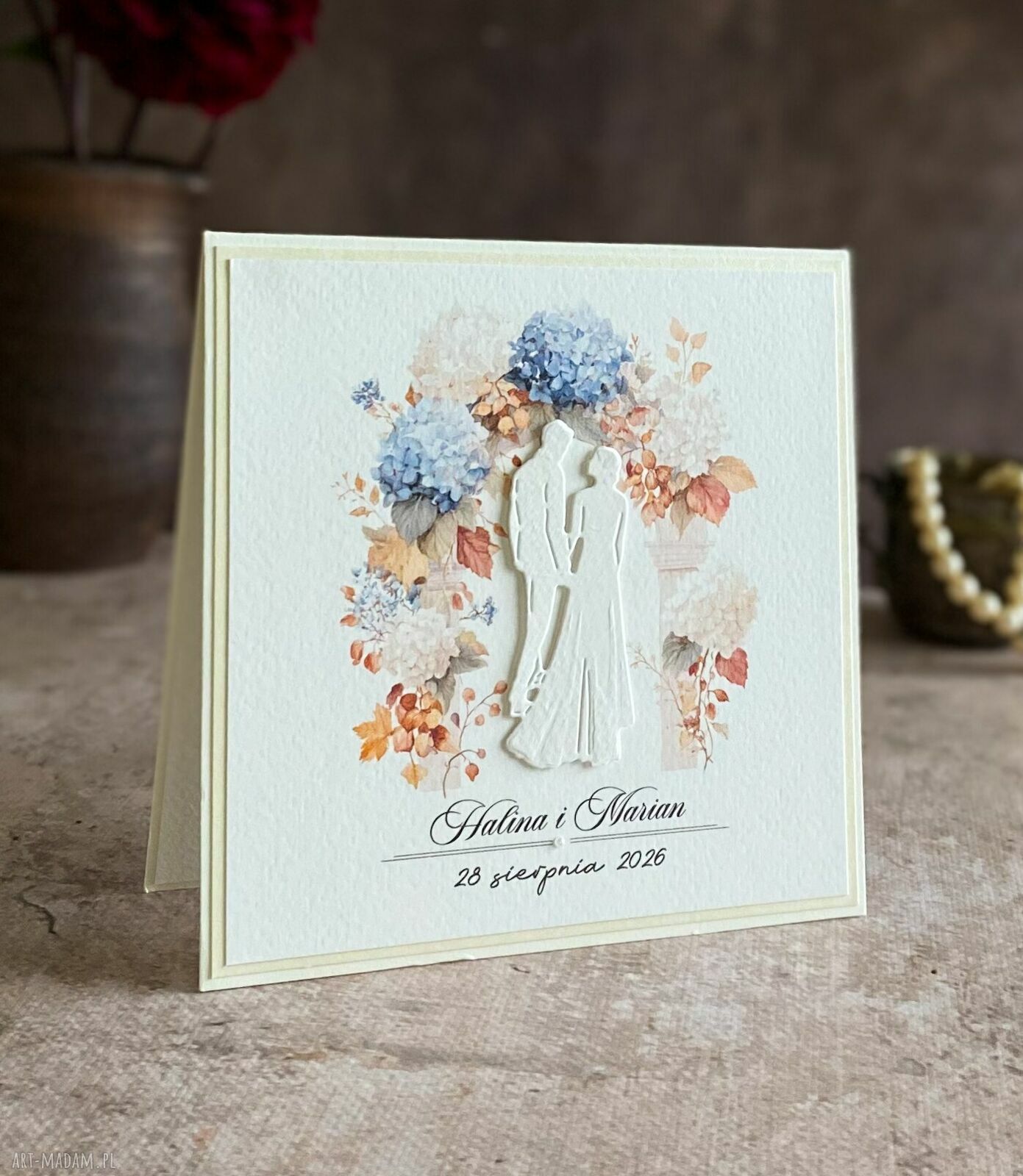 Elegancka kartka ślubna z kopertą - ręcznie robiona