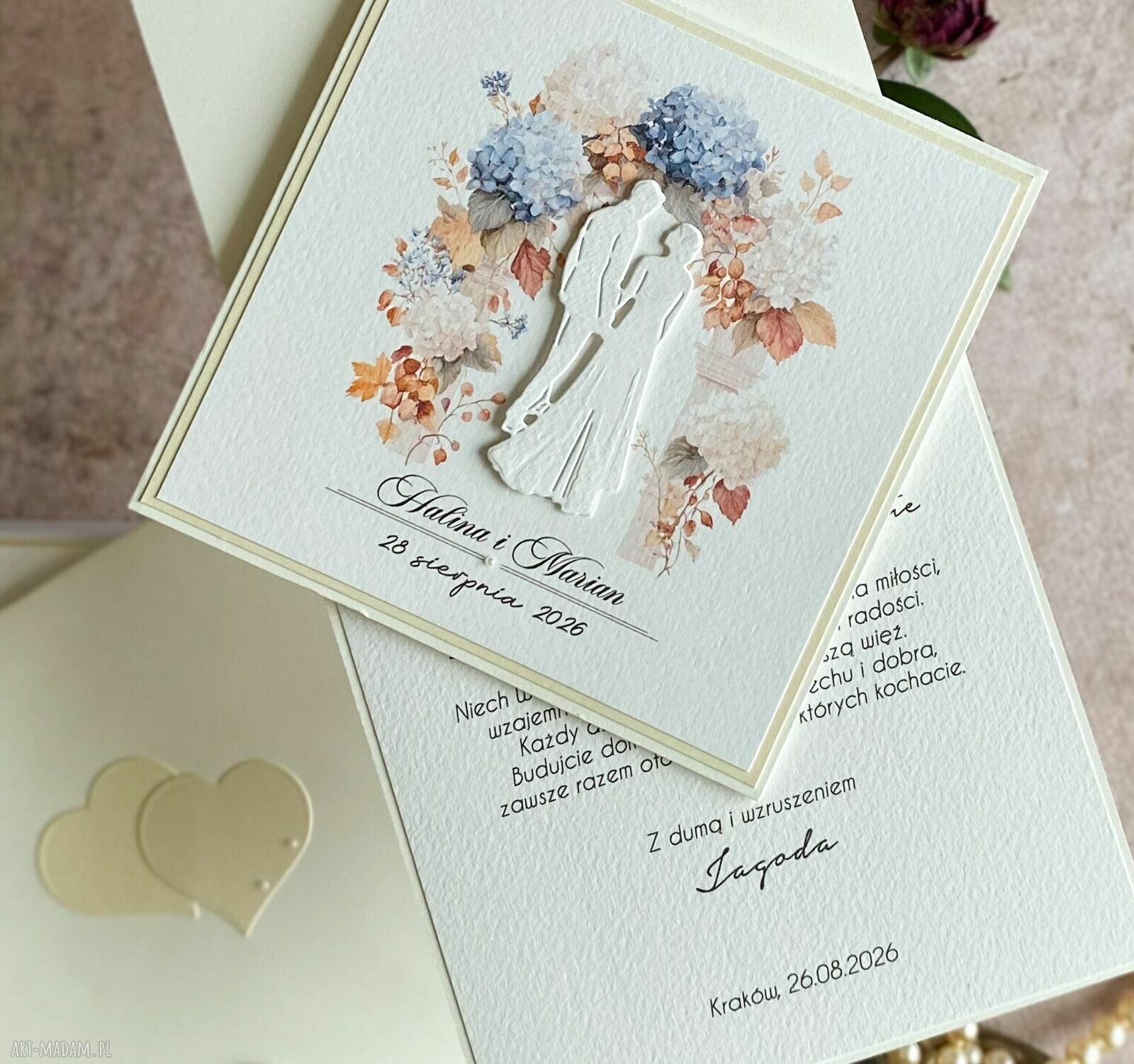 Elegancka kartka ślubna z kopertą - ręcznie robiona