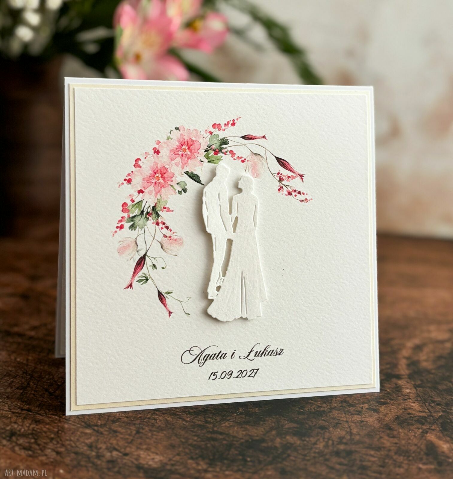 Elegancka kartka ślubna handmade WP17a z ozdobną kopertą
