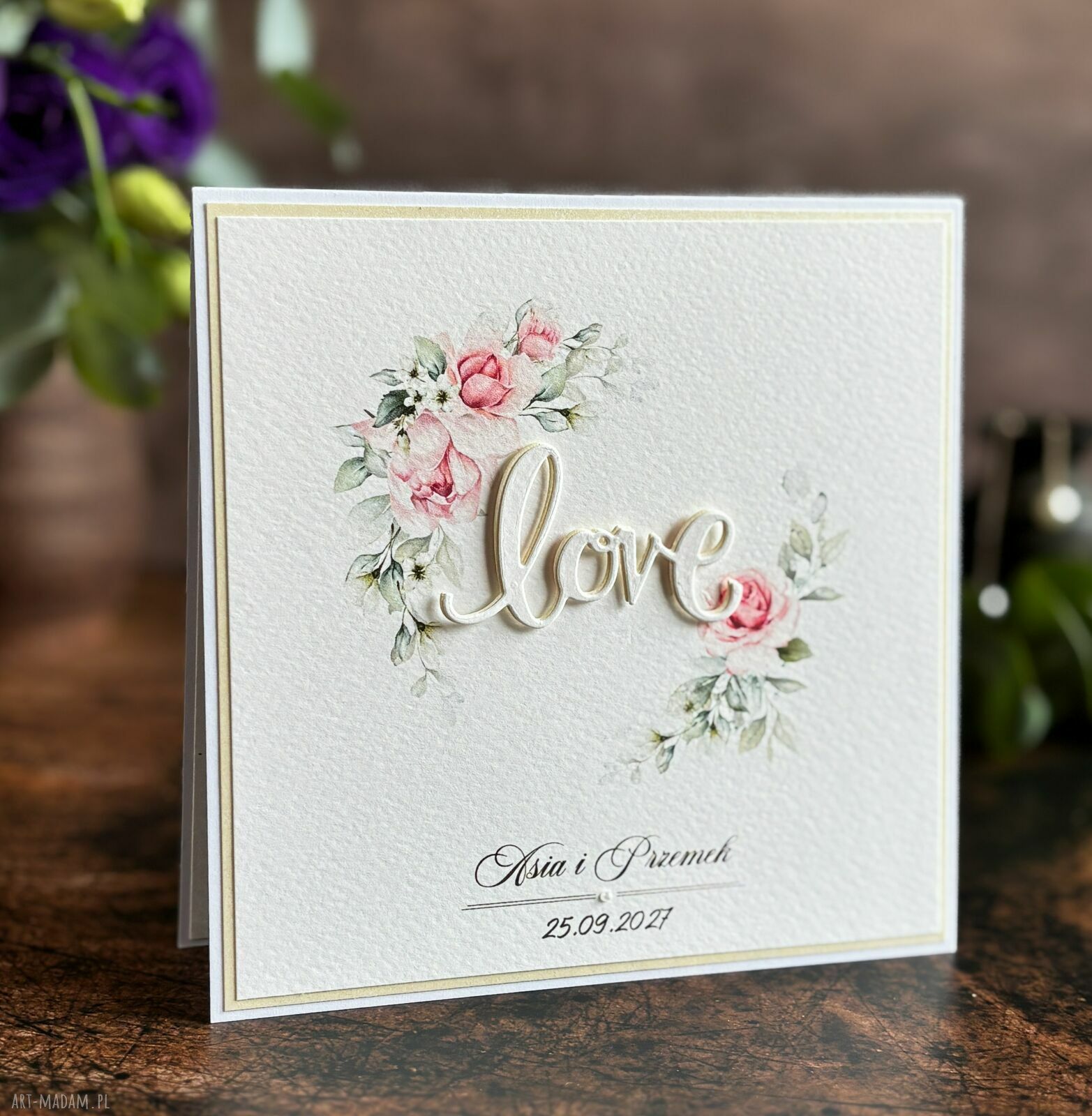Elegancka kartka ślubna w ozdobnej kopercie - personalizowana