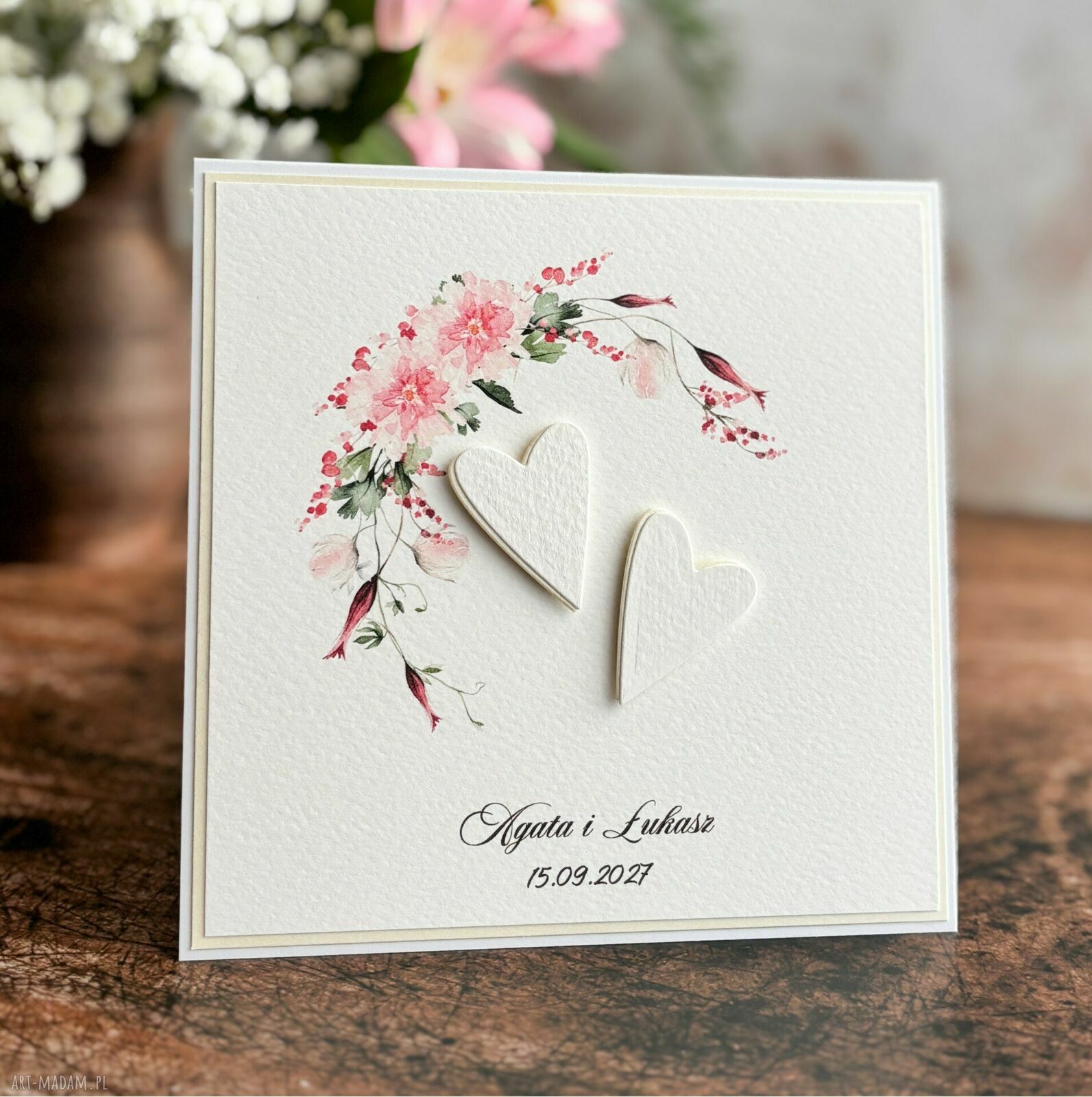 Elegancka kartka ślubna WP17 14x14 z ozdobną kopertą - personalizowana