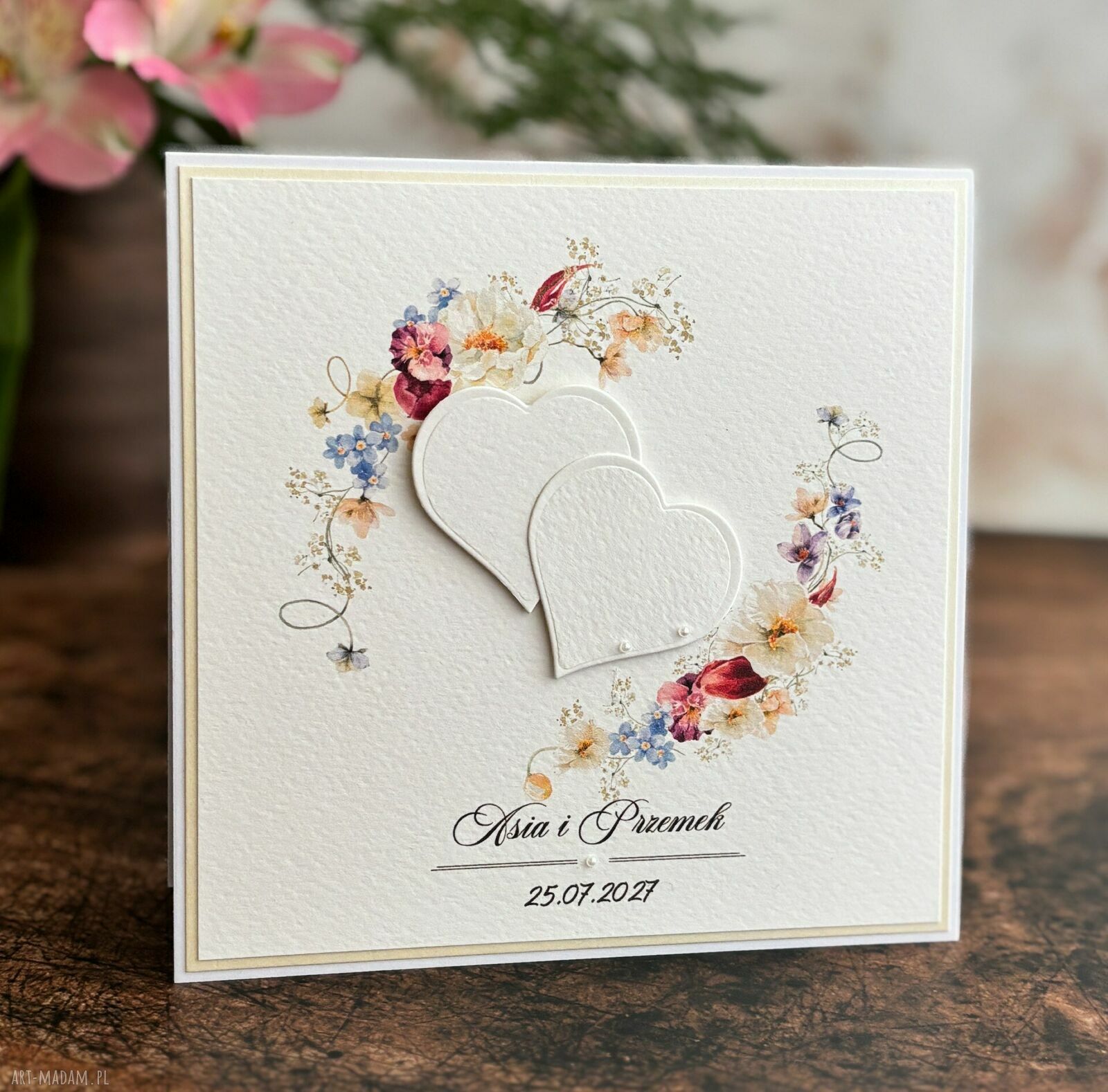 Elegancka kartka ślubna WP31a z ozdobną kopertą - personalizowana, ręcznie robiona