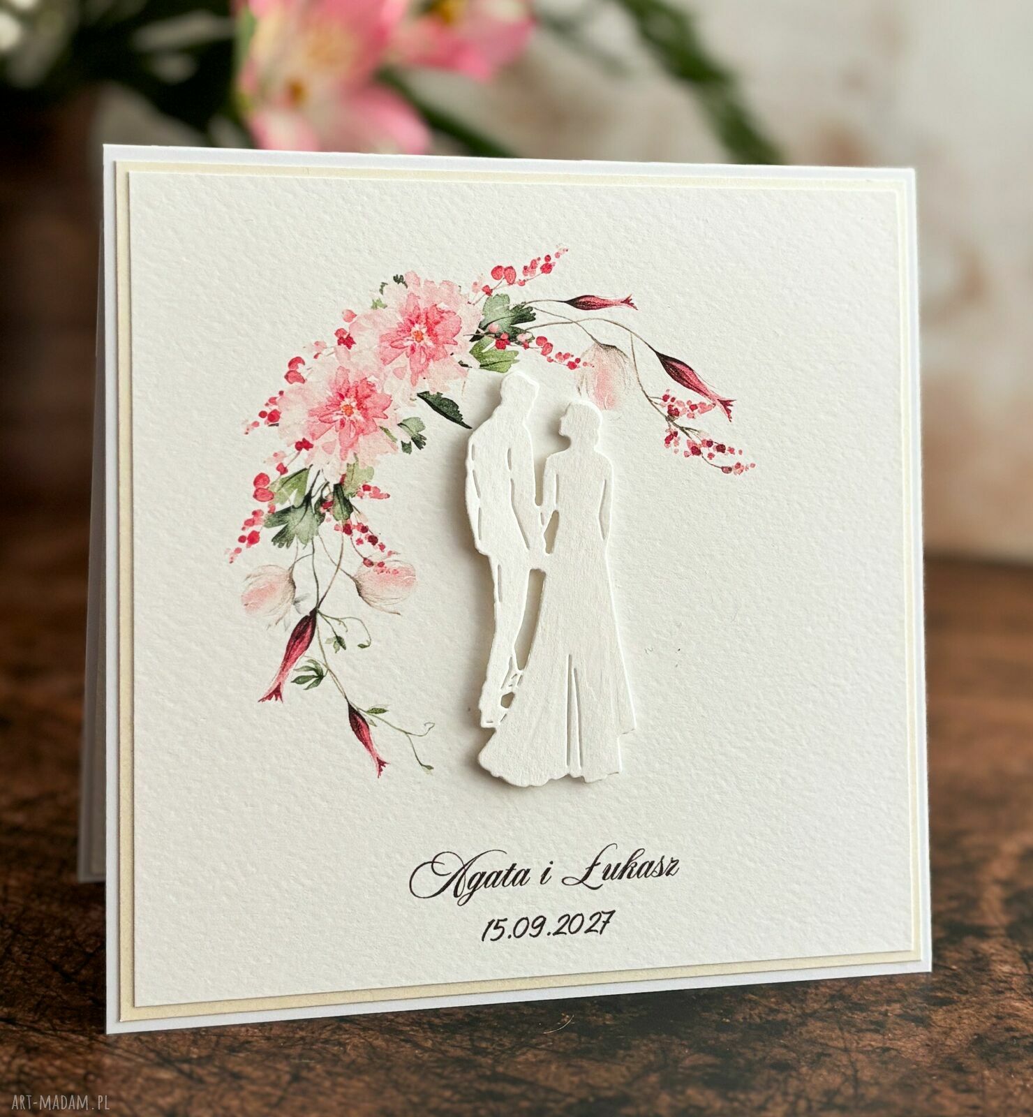 Elegancka kartka ślubna handmade WP17a z ozdobną kopertą
