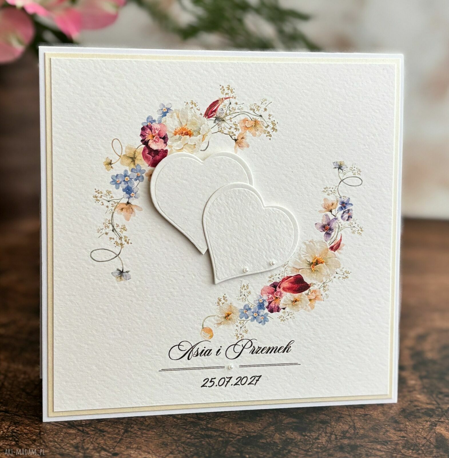 Elegancka kartka ślubna WP31a z ozdobną kopertą - personalizowana, ręcznie robiona
