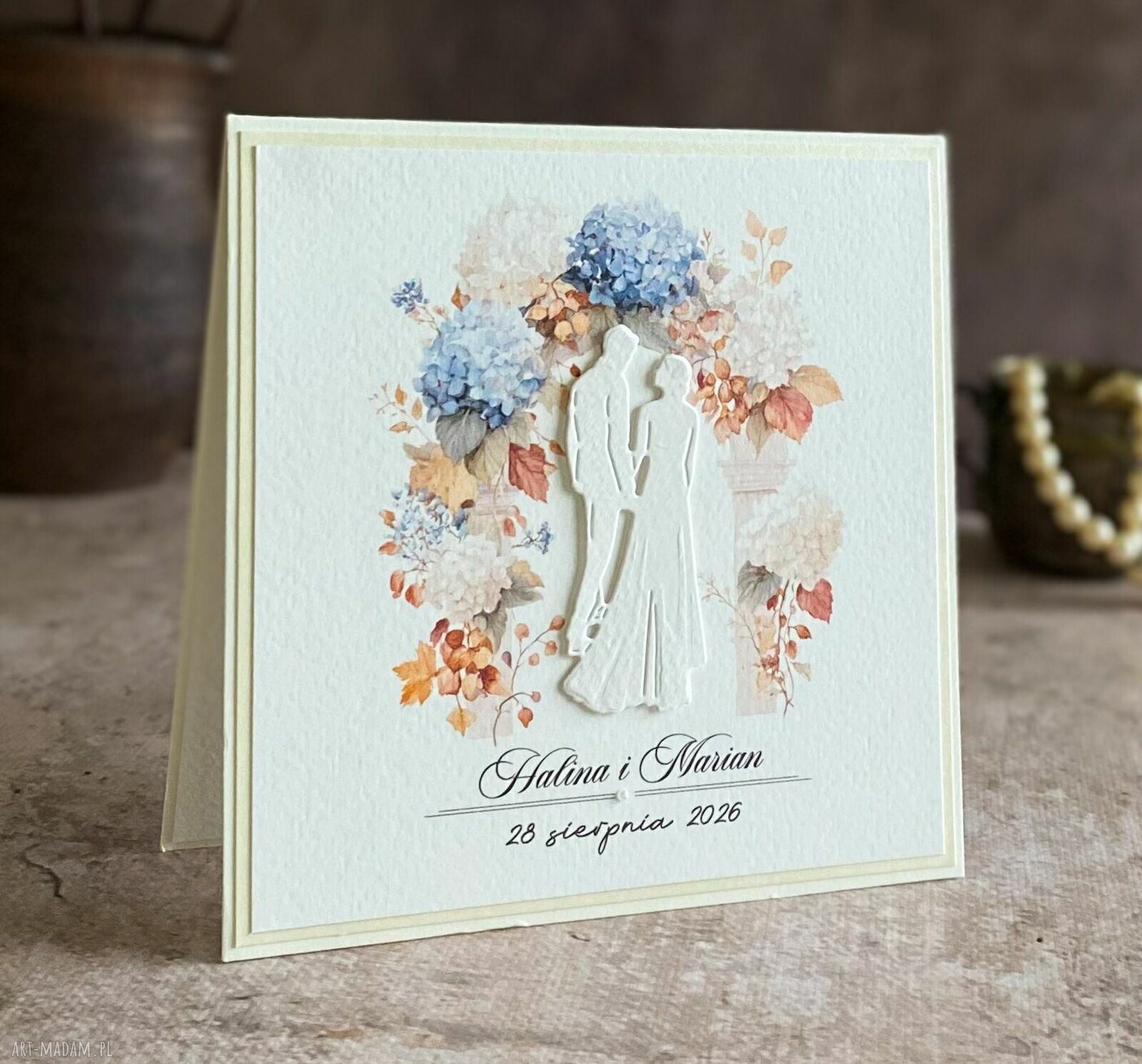 Elegancka kartka ślubna z kopertą - ręcznie robiona