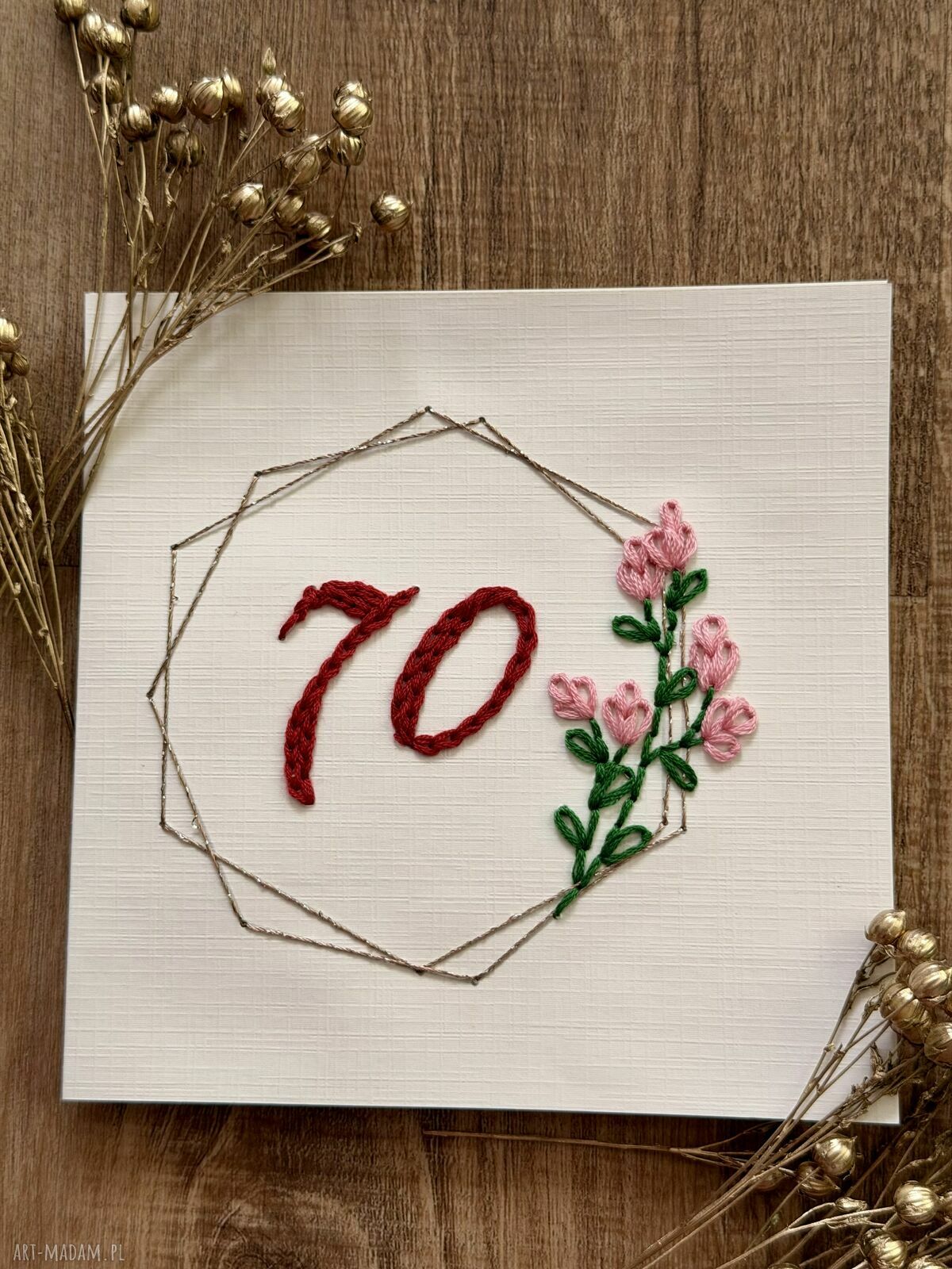 Kartka na 70 urodziny z ręcznym haftem w kopercie