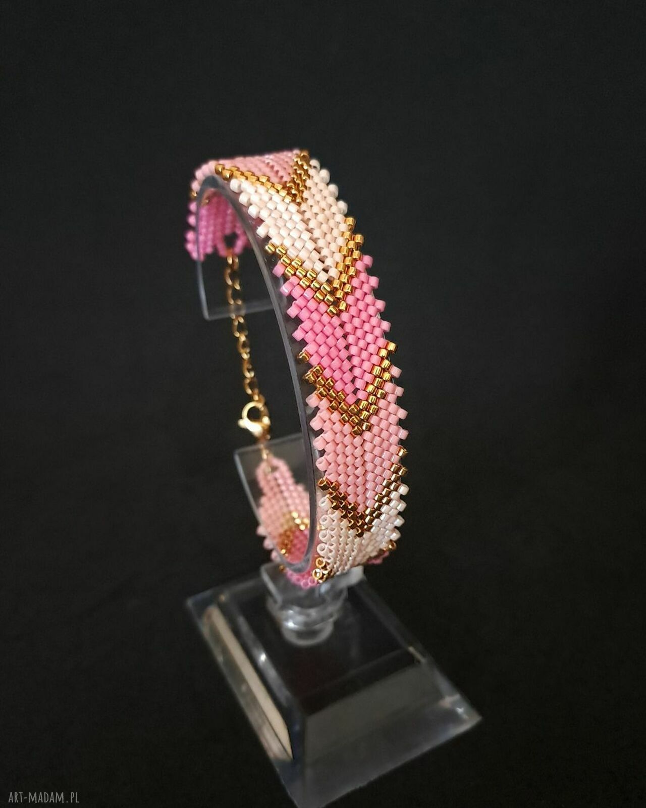 Różowa bransoletka Pink Chevron z koralików Miyuki Delica - ręczne wykonanie