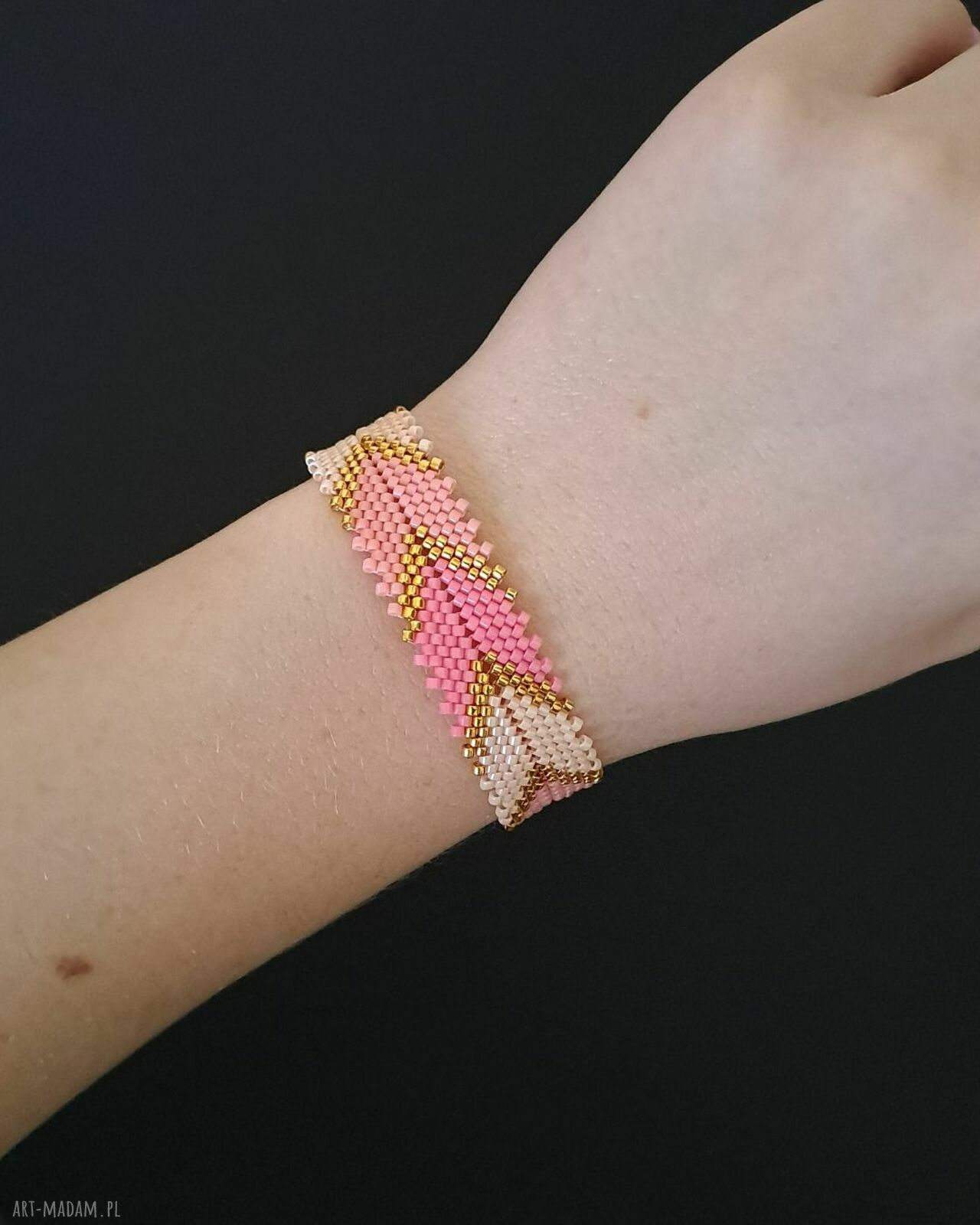 Różowa bransoletka Pink Chevron z koralików Miyuki Delica - ręczne wykonanie