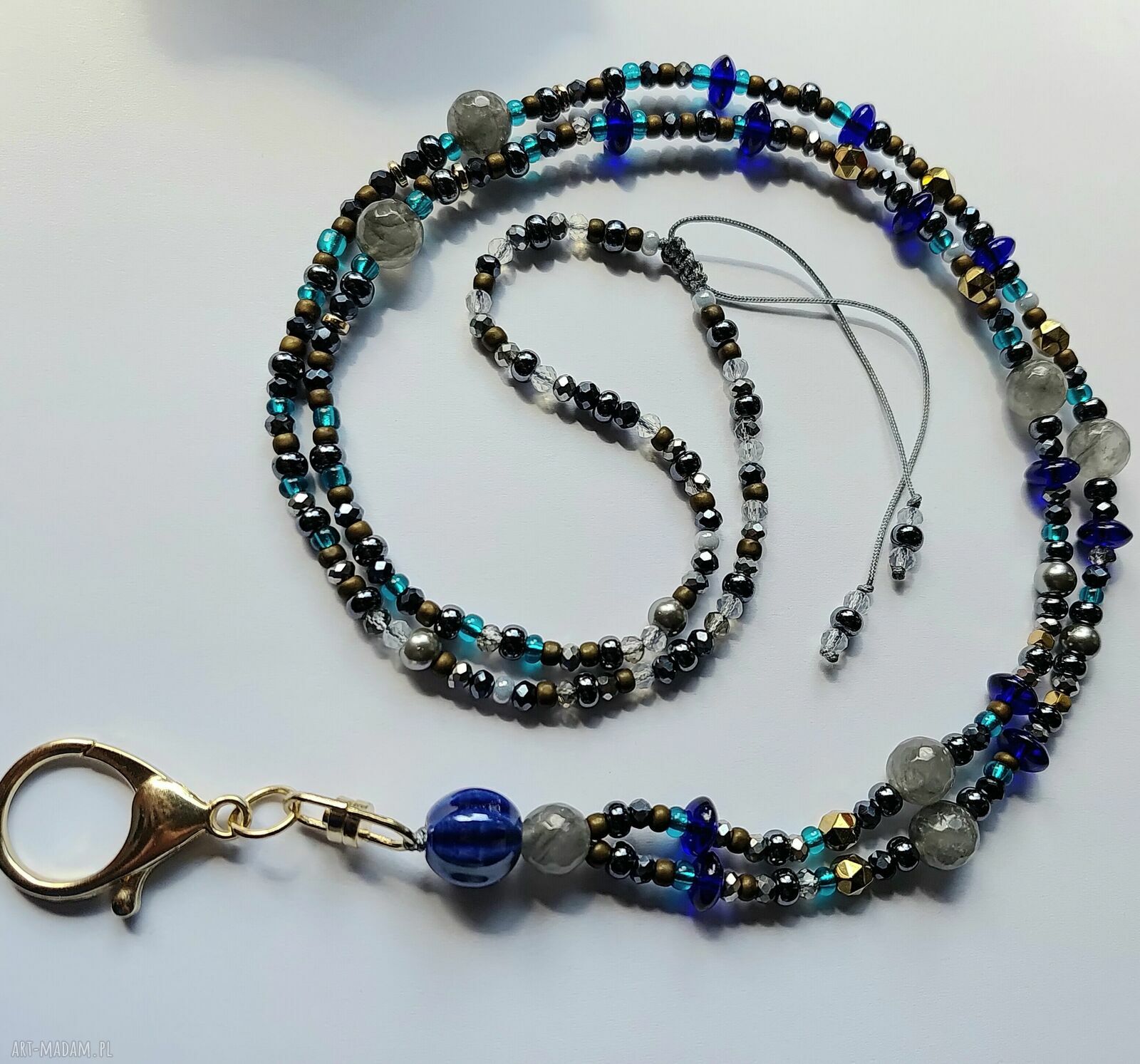 Elegancka smycz do identyfikatora z naturalnych kamieni i ceramiki