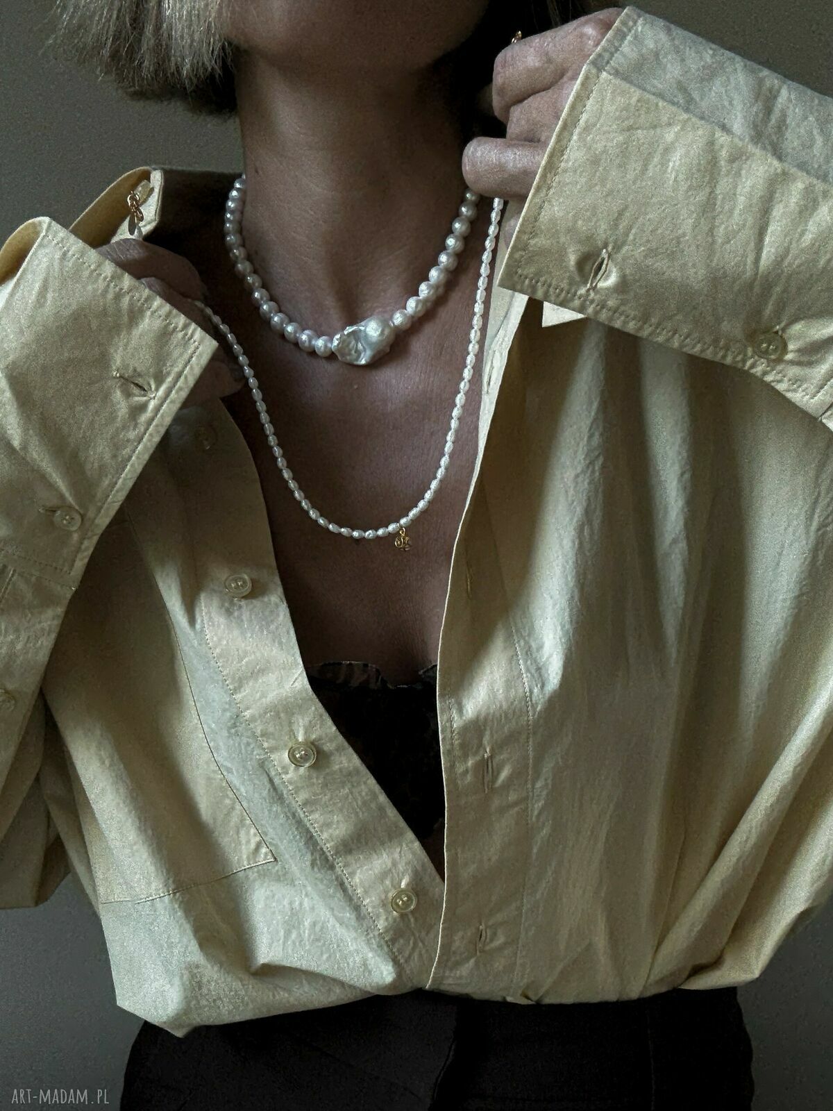 naszyjniki: Naszyjnik z różowego złota z pereł naturalnych z bezbarwną cyrkonią Handmade