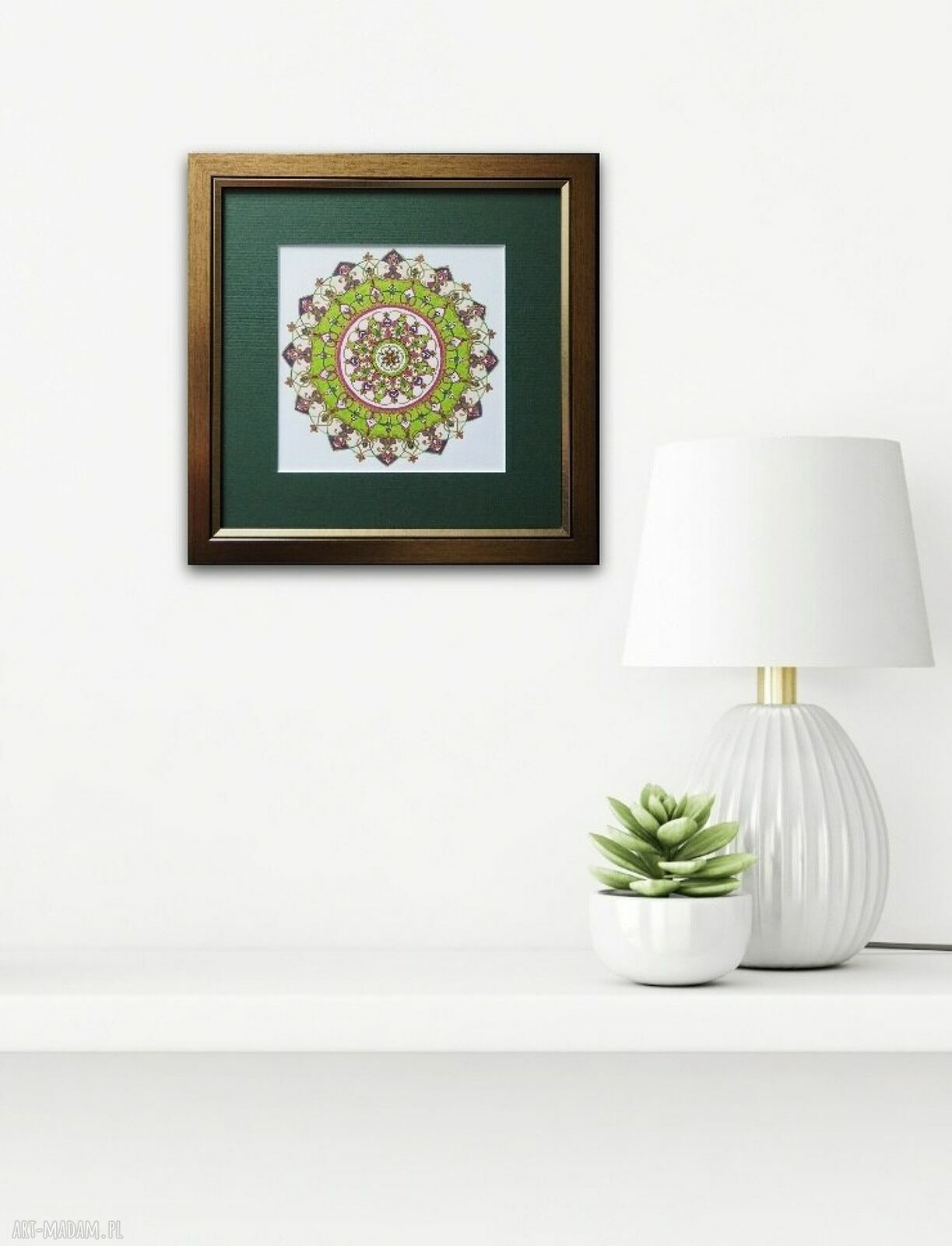 Elegancki obraz w stylu wschodnim - zielona mandala 30x30 w złotej ramie