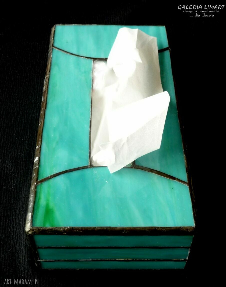 Pudełko na chusteczki w stylu Art Deco Tiffany - turkusowe szkło witrażowe, unikat