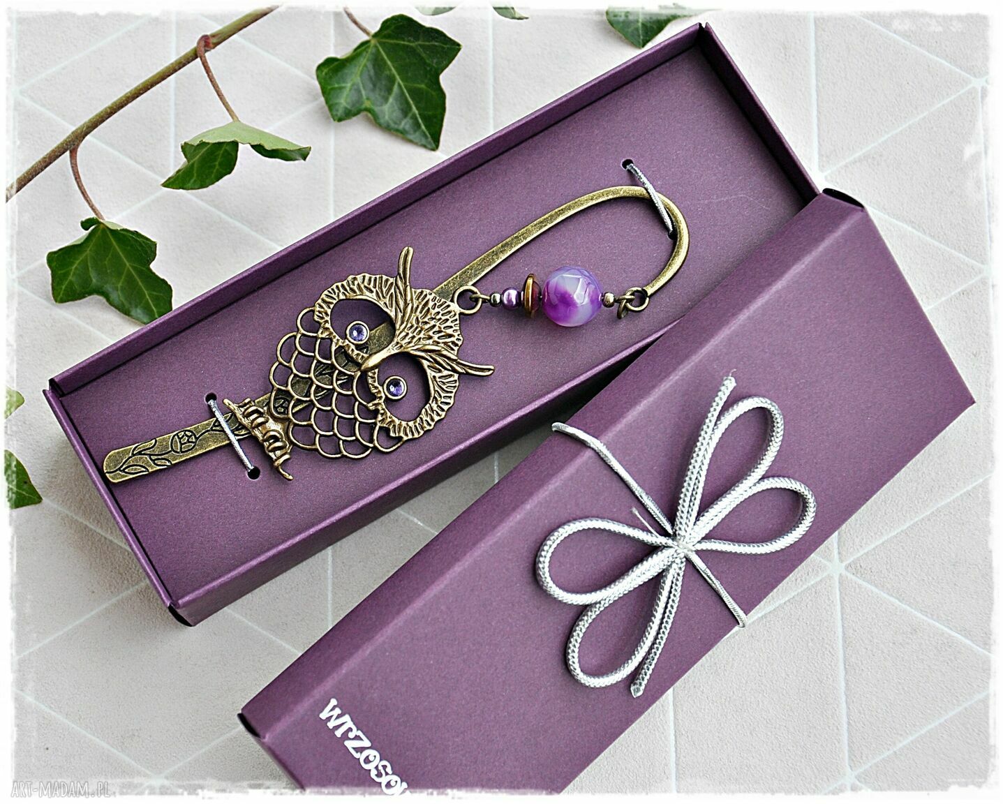 Dzień Nauczyciela zakładka do książki sowa z agatem i kartka handmade