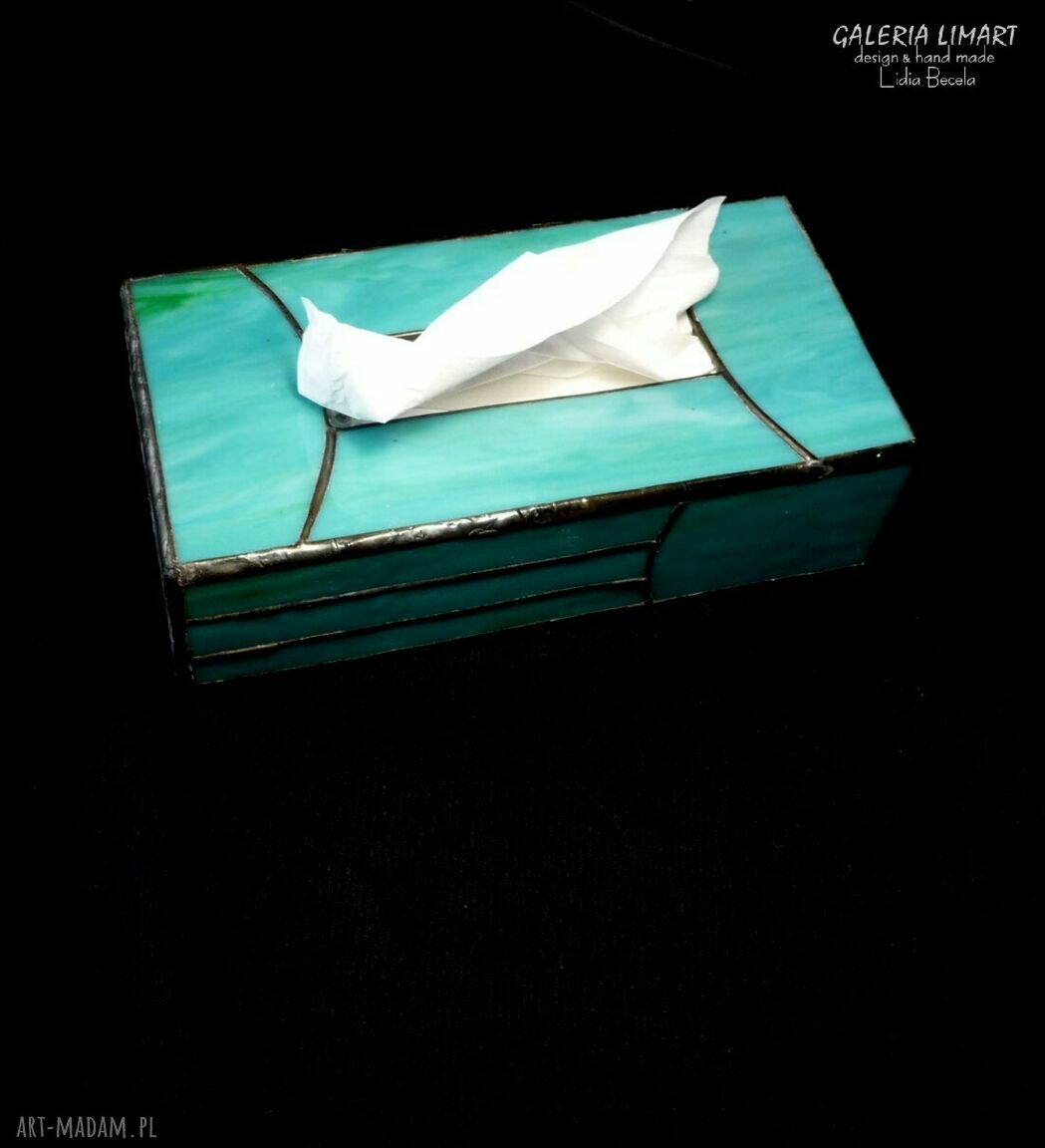 Pudełko na chusteczki w stylu Art Deco Tiffany - turkusowe szkło witrażowe, unikat