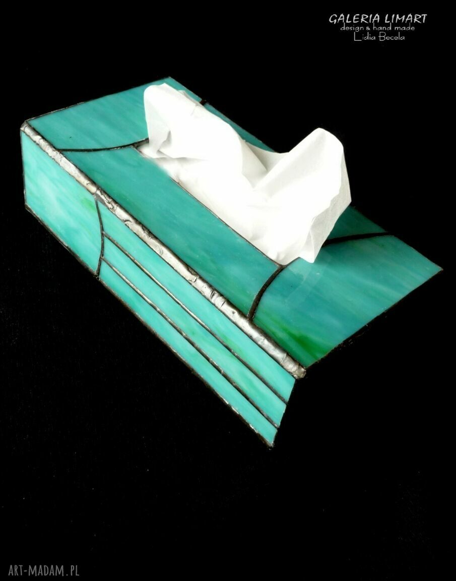 Pudełko na chusteczki w stylu Art Deco Tiffany - turkusowe szkło witrażowe, unikat